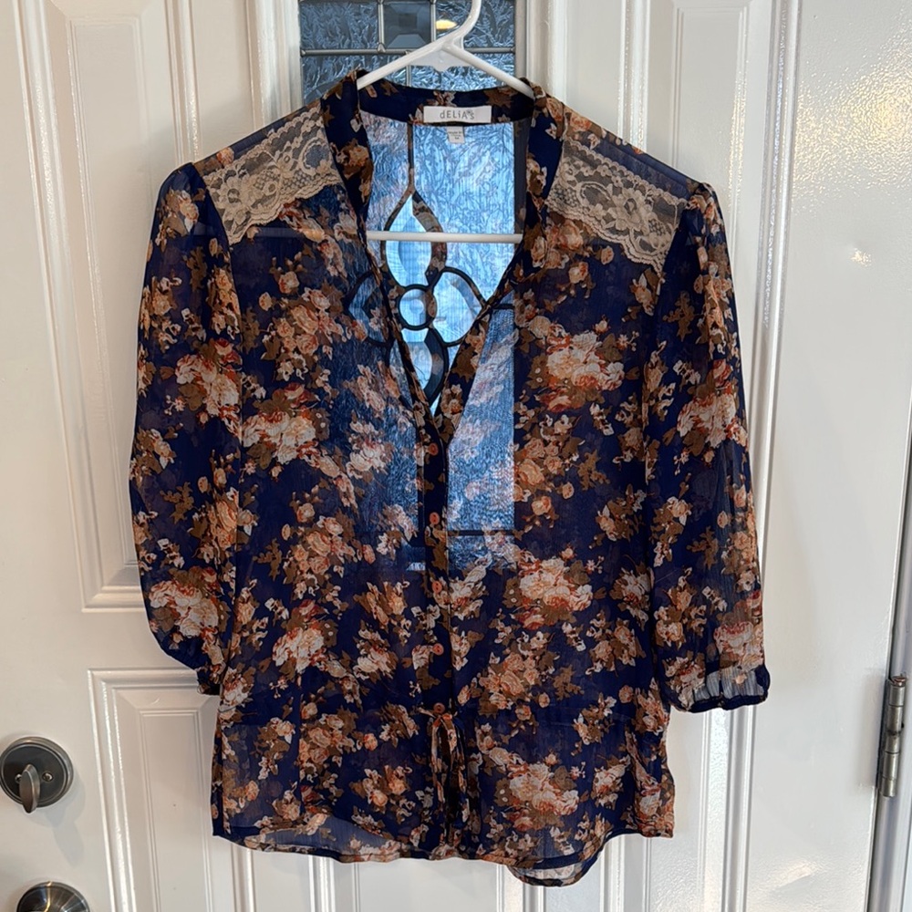 CeCe Floral Sheer Blouse - Navy and Beige